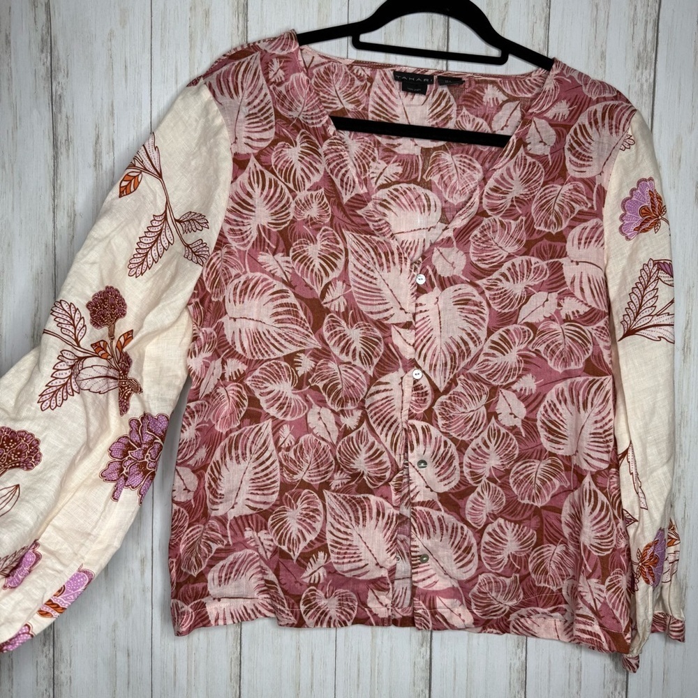 Tahari 100% linen floral Pink Cream Top